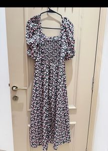 Floral Print Puff Sleeve Midi Dress