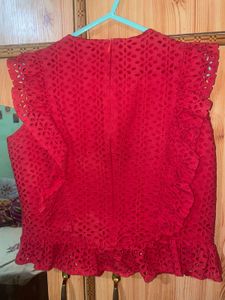 Chic Red Eyelet Peplum Top
