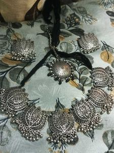 Oxidized Silver Lotus Necklace & Earrings Set with