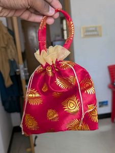 Red Peacock Print Drawstring Pouch