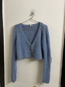 Cozy Blue Fuzzy Cropped Cardigan