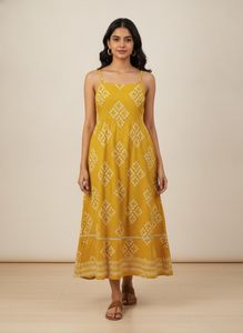 Yellow Spaghetti Strap Dress with Print
