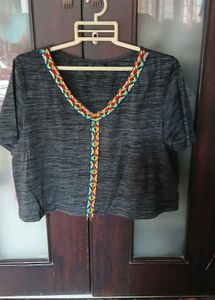 Stylish Grey T-Shirt with Colorful Neckline