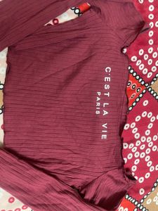 Maroon Ribbed "C'est La Vie" Top