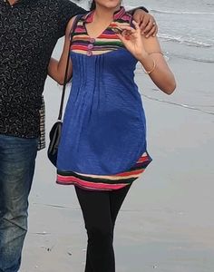 bright navy blue long top with attached sleeve