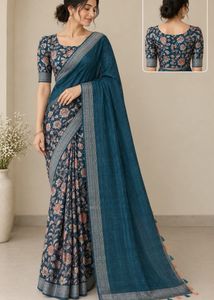 Half cotton  Teal Floral Saree