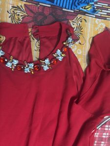 Elegant Red Cold Shoulder Embellished Dress