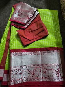 Vibrant Green Silk Saree with Silver Border