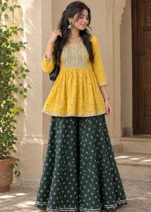 YELLOW KURTI AND GREEN PLAZZO💛
