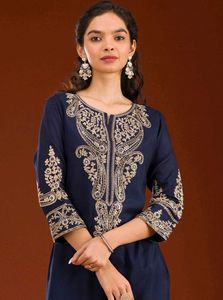 Embroidered Navy Blue Kurta