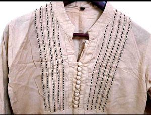 Beige Kurta with Embellished Neckline