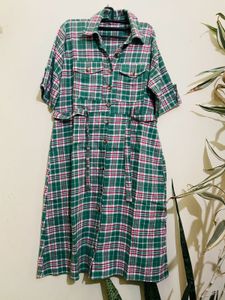 Women Green& White Checked ShirtDress