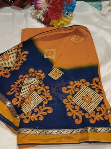 Designer Orange &amp; Navy Saree with blouse