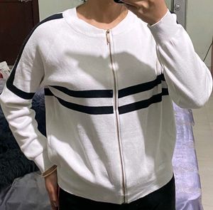 White &amp; Black Striped Zip-Up Sweater
