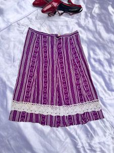 Purple Striped Midi Skirt with Lace Trim