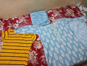 Blue & White Printed Kurta Set with Yellow Top