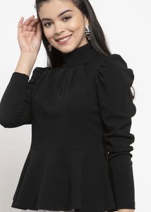 Chic Black Puff Sleeve Turtleneck Top