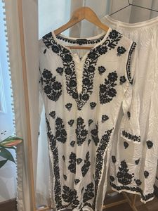 Old Marigold Black &amp; White Embroidered Cotton Kurt