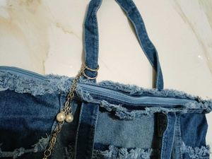 Denim Tote Bag with Pearl Charm