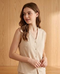 Elegant Beige Wrap Top with Pearl Button