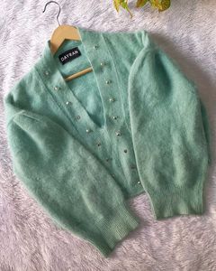 Mint Green Studded V-Neck Sweater