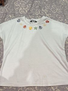 White T-Shirt with Shell Embroidery