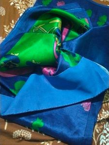Elegant Blue Saree with Pink &amp; Green Motifs