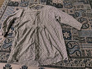 Grey Printed Kurta with Tassels