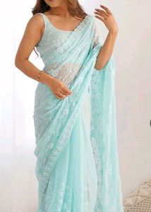 Sky Blue Embroidered Saree with stitched blouse