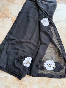 Elegant Black Saree with Floral Embroidery