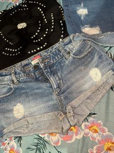 Distressed Denim Shorts &amp; Embellished Top