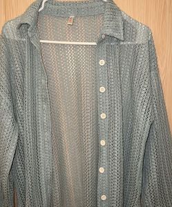 Mint Blue Crochet Button-Up Shirt