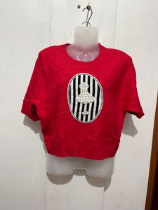 Red Short Sleeve Top with Embellishment