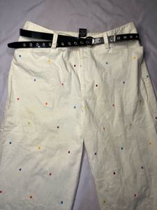 Cream Polka Dot Capris with Belt