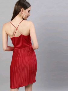 Street9 Red Pleated Strap Midi Dress