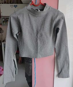 Grey Cropped Mock Neck Long Sleeve Top