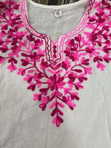 White Kurta with Pink Embroidery