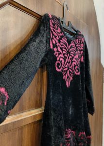 Black Faux Fur Kurta with Pink Embroidery