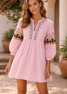 Pink Embroidered Mini Dress