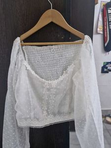 White Sheer Lace Trim Puff Sleeve Top