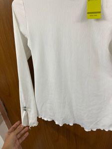 White Ribbed Mock Neck Long Sleeve Top