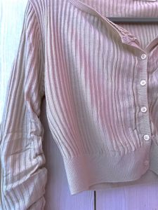 Beige Ribbed Cropped long Sleeve Cardigan