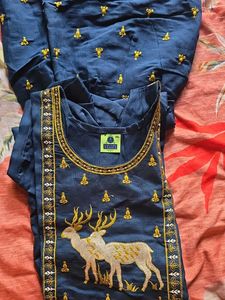 Elegant Navy Blue Kurta Set with Deer Embroidery