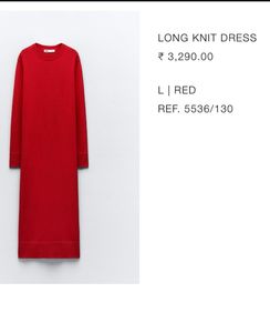 ZARA Red knit Long Sleeve Midi Dress