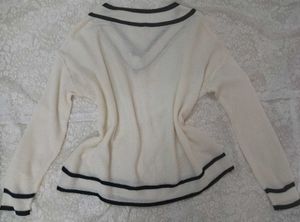 Cream V-Neck Sweater with Black Trim