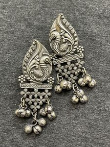 Silver Replica Peacock With Ghungoor Earring