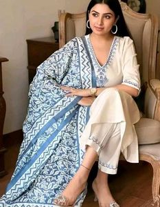 Elegant Cream Kurta Set with Blue Dupatta