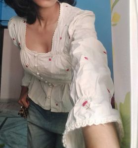 White Peplum Blouse with Red Floral Embroidery