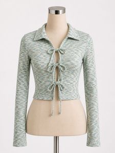 Ribbed Tie-Front Collared Crop Top