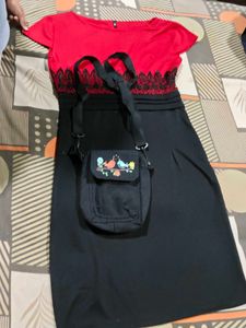 Chic Red & Black Dress with Cute Crossbody Bag